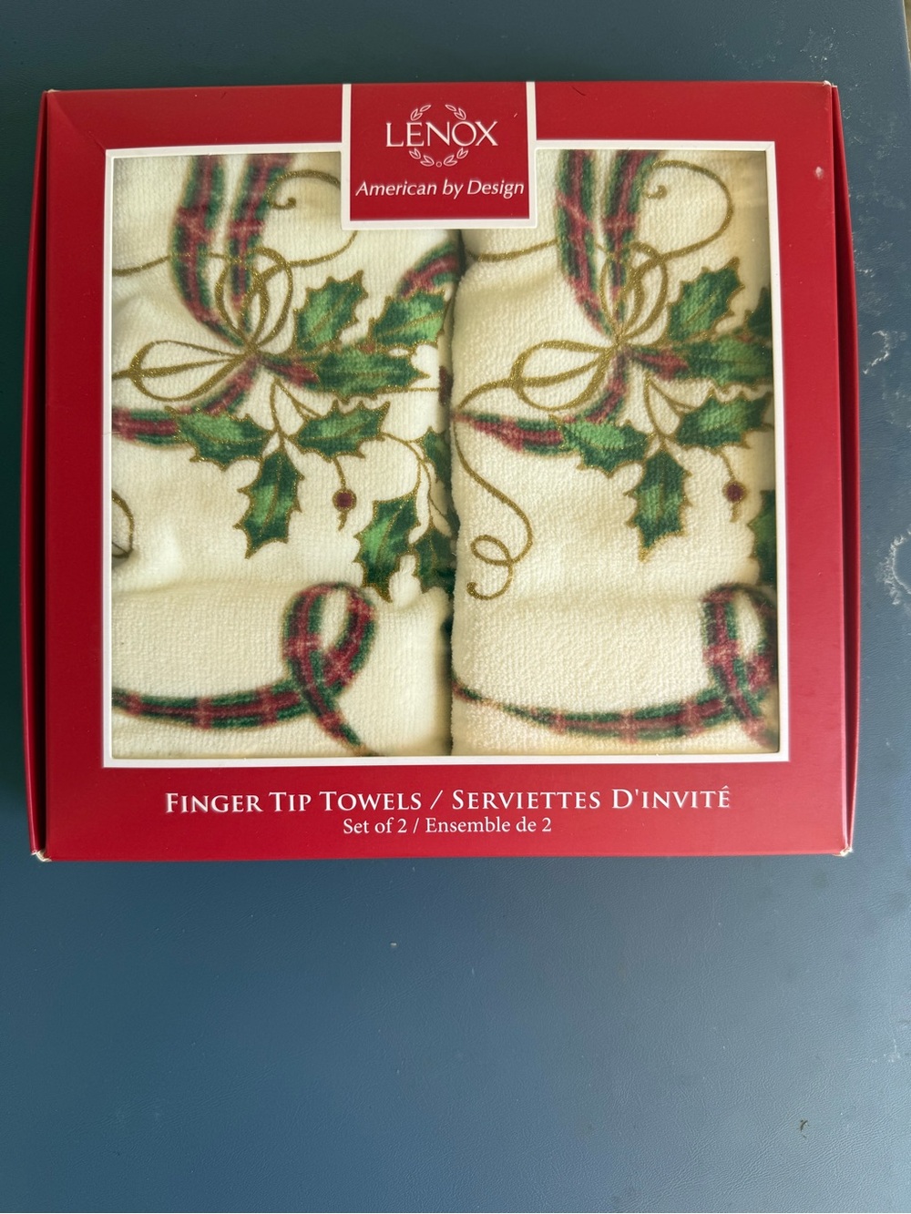 Lenox Cream Holiday Holly Finger Tip Towels with Green and Red Accents